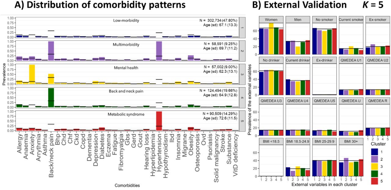 K-means cluster solution 5.A) Distribution of comorbidity patterns and B) External validation. Cluster colours are consistent in both sub-plots. Abbreviations: BMI, body mass index; Bhp, benign prostate hypertrophy; Chd, coronary heart disease; Ckd, chronic kidney disease; Copd, chronic obstructive pulmonary disease; Gbs, gall bladder stone; Gerd, gastroesophageal reflux disease; Ibd, inflammatory bowel disease; Ovd, other vessel diseases; Substance, substance abuse; QMEDEA, deprivation quintile index MEDEA where U is urban area (U1 is the less deprived and U5 the most), and R is rural area.