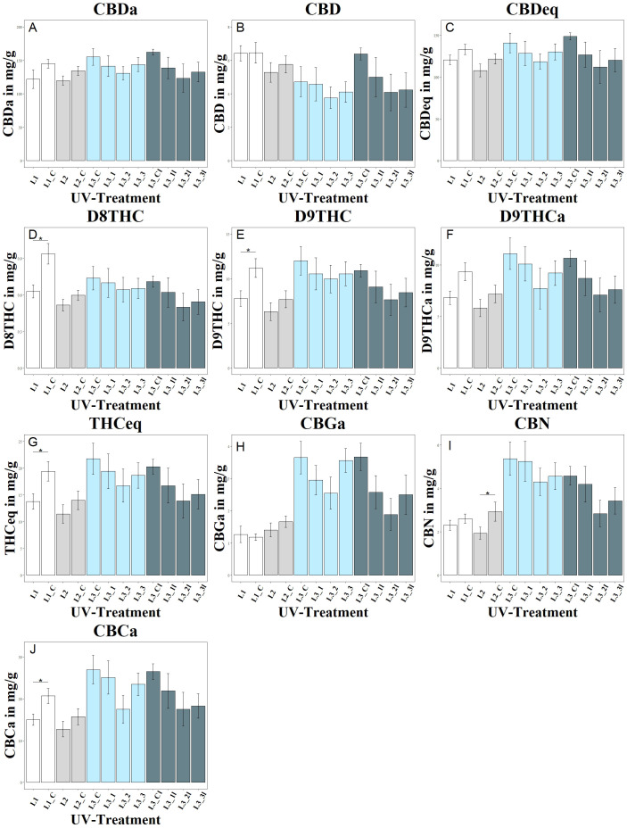 Changes in cannabinoid composition as a function of UV exposure. Each letter (A–J) represents a different cannabinoid: (A) shows CBDA, (B) CBD, (C) CBDeq (CBD + CBDA), (D) D8THC, (E) D9THC, (F) D9THCa, (G) THCeq, (H) CBGA, (I) CBN, and (J) CBCA. Different UV intensities and ratios were tested: L1 with a UVA:UVB ratio of 67:33 (4.2 W/m2), L1_C: Control without UV, L2 with a high UVA:UVB ratio of 94:6 (4.99 W/m2), L2_C: Control without UV, L3 in increasing UVA:UVB ratio (99:1) at varying intensities (L3_1: 1.81 W/m2, L3_2: 4.12 W/m2, L3_3: 8.36 W/m2), L3_C: Control without UV, L3l in increasing UVA:UVB ratio (99:1) at varying intensities but harvested lateral flowers (L3_1l: 1.81 W/m2, L3_2l: 4.12 W/m2, L3_3l: 8.36 W/m2), L3_Cl: Control without UV. The bar graphs indicate cannabinoid concentrations under these conditions. Significance level: * (P ≤ 0.05).
