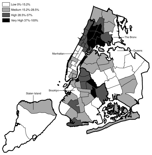 Distribution of Impoverished Residents across NYPD Precincts (2000 Census Data).