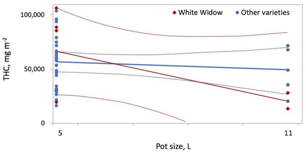 Increasing pot size from 5 to 11 L reduced THC per square meter more for White Widow compared to other varieties.
