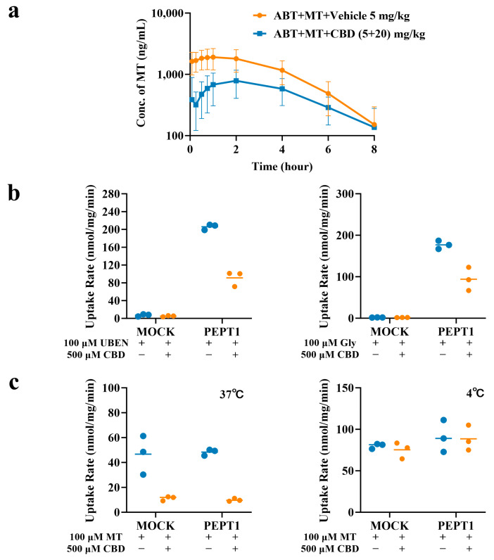 Inhibition of PEPT1 Uptake Function by CBD. (a) Plasma concentration–time curves of MT after pre-administration of ABT and co-administration of MT and CBD in rats (x¯ ± s, n = 6). (b) Inhibition of CBD on UBEN and Gly uptake in MDCK/hPEPT1 cell model (x¯ ± s, n = 3). (c) Inhibition of MT uptake by CBD in MDCK/hPEPT1 cell model (x¯ ± s, n = 3).
