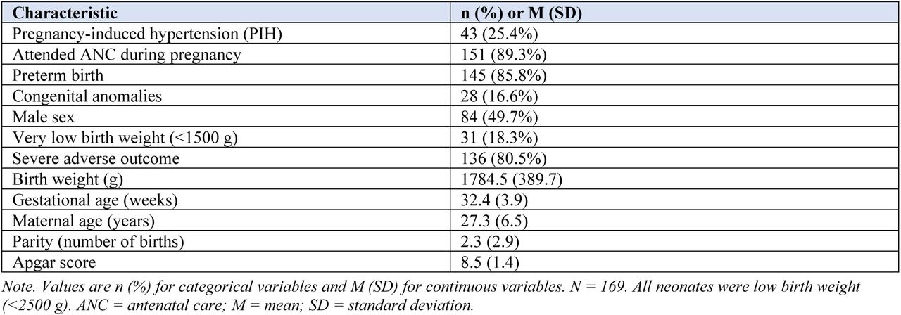 Sample characteristics of neonates and mothers (N = 169).