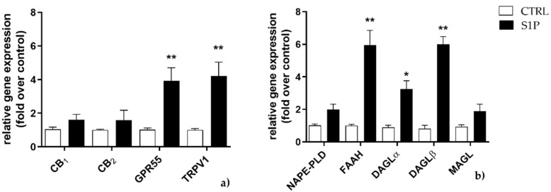 Effect of S1P on mRNA expression of endocannabinoid (eCB)-binding receptors (a) and metabolic enzymes (b) at 24 h. C2C12 cells were left untreated (in white) or were treated for 24 h with 1 µM of S1P (in black). The values are expressed as 2(−∆∆𝐶𝑡) and normalized to β-Actin and GAPDH. Data are presented as means ± SEM (n = 5). Statistical analysis was performed by TWO-WAY ANOVA test followed by Bonferroni post hoc test. [* p < 0.05, ** p < 0.01 vs. control cells (CTRL)].