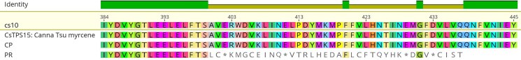Clustal Omega alignment of myrcene synthases from cs10, PR, CP and Canna Tsu.