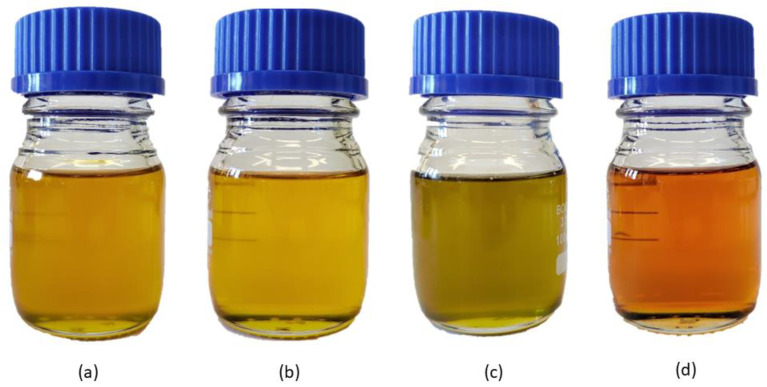 Oils used: (a) crude rapeseed oil; (b) crude oilseed radish oil; (c) crude hemp seed oil; (d) used cooking oil.