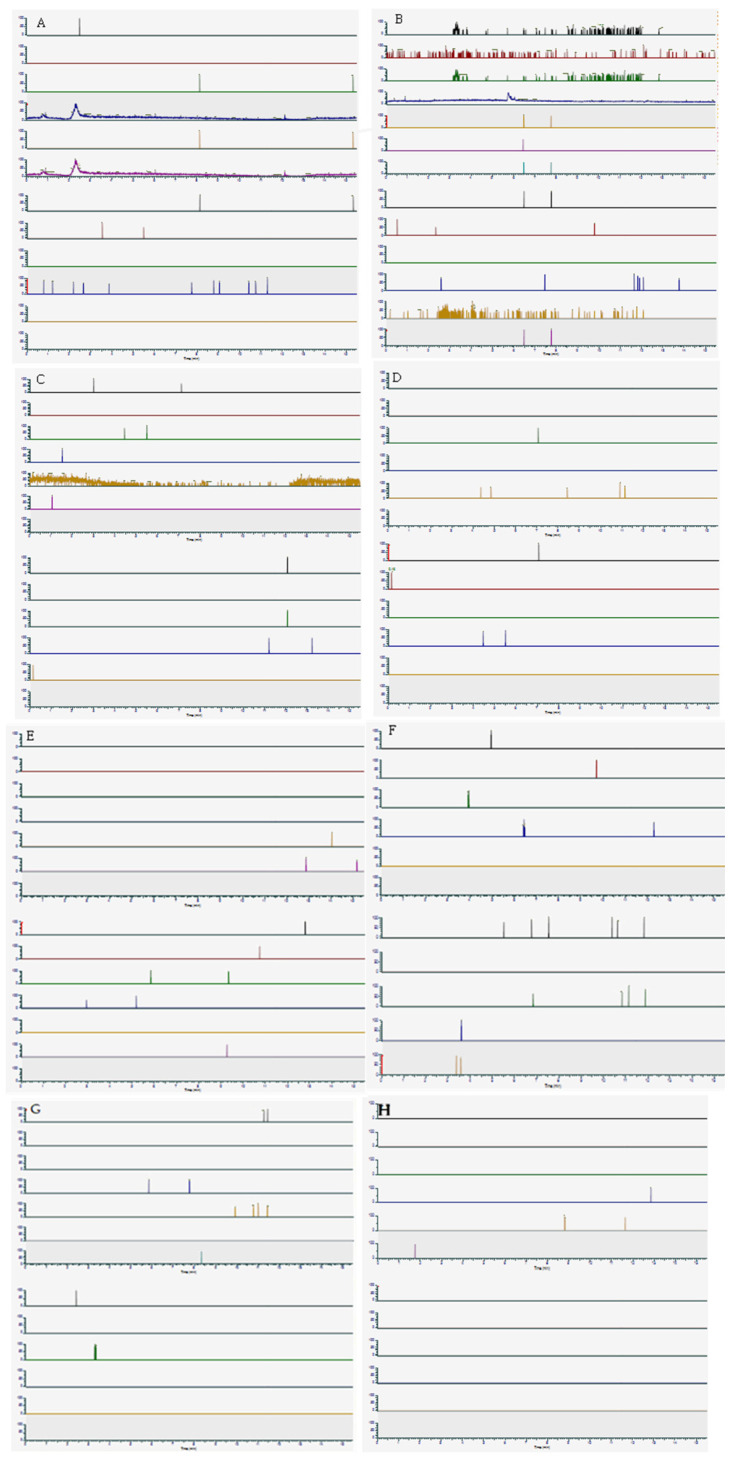 Extraction of analytes for matrix interference evaluation. (A) WG1; (B) WG2; (C) WG3; (D) WG4; (E) WG5; (F) WG6; (G) WG7; (H) WG8.