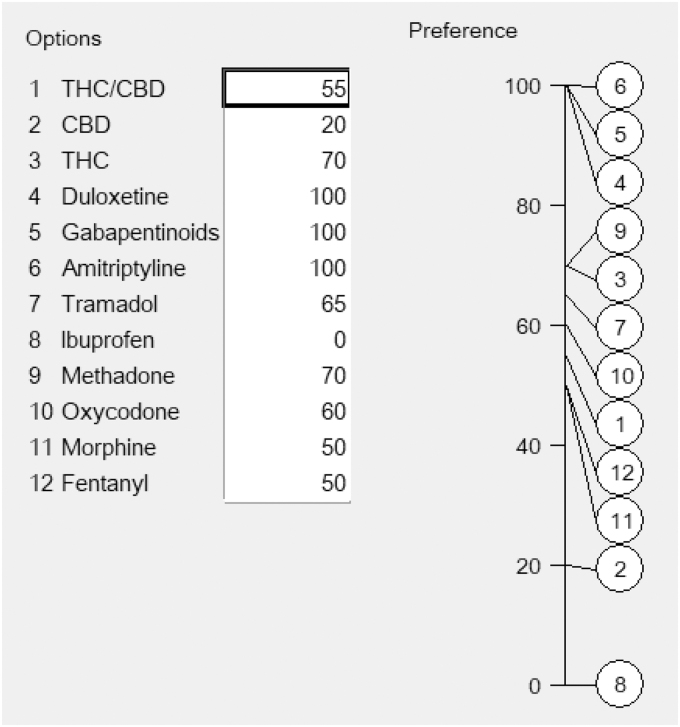 Scores agreed by participants for pain relief.