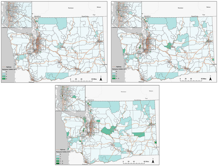 a. Choropleth maps of marijuana dispensaries in Washington state 2014.b. Choropleth maps of marijuana dispensaries in Washington state 2015.c. Choropleth maps of marijuana dispensaries in Washington state 2016.