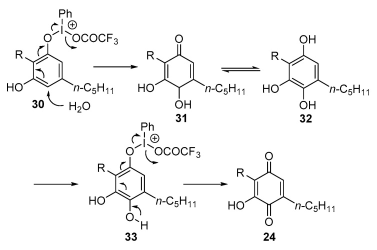 Oxidation of resorcinolic phytocannabinoids (30) to cannabinoquinones (24) with the aryloxyiodonium (III) oxidant PIFA via the intermediates 31–33 (R = terpenyl).