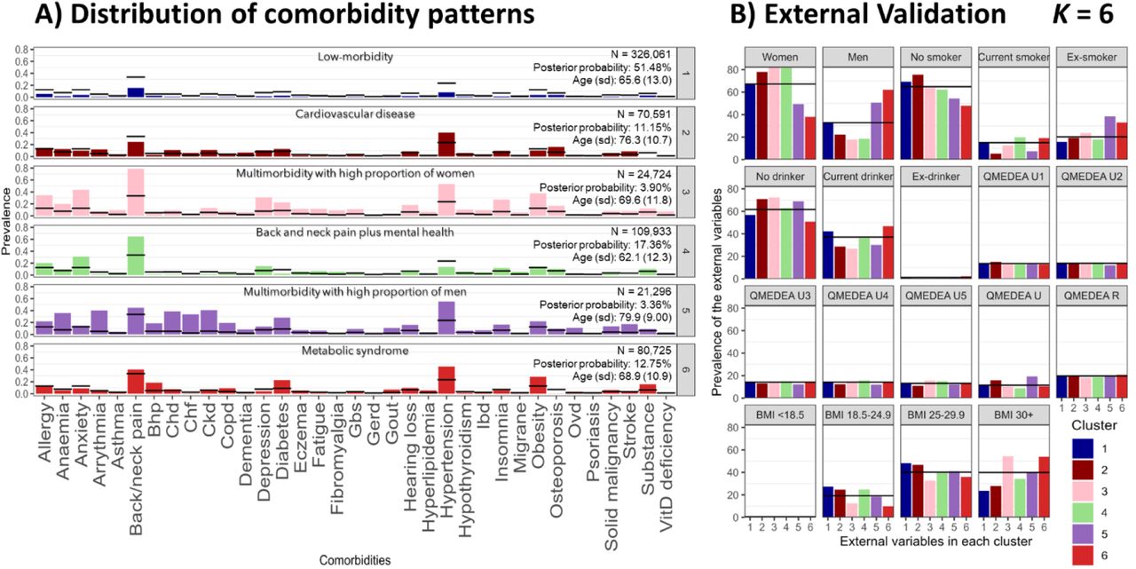 Latent Class Analysis cluster solution 6.A) Distribution of comorbidity patterns and B) External validation. Cluster colours are consistent in both sub-plots. Abbreviations: BMI, body mass index; Bhp, benign prostate hypertrophy; Chd, coronary heart disease; Ckd, chronic kidney disease; Copd, chronic obstructive pulmonary disease; Gbs, gall bladder stone; Gerd, gastroesophageal reflux disease; Ibd, inflammatory bowel disease; Ovd, other vessel diseases; Substance, substance abuse; QMEDEA, deprivation quintile index MEDEA where U is urban area (U1 is the less deprived and U5 the most), and R is rural area.