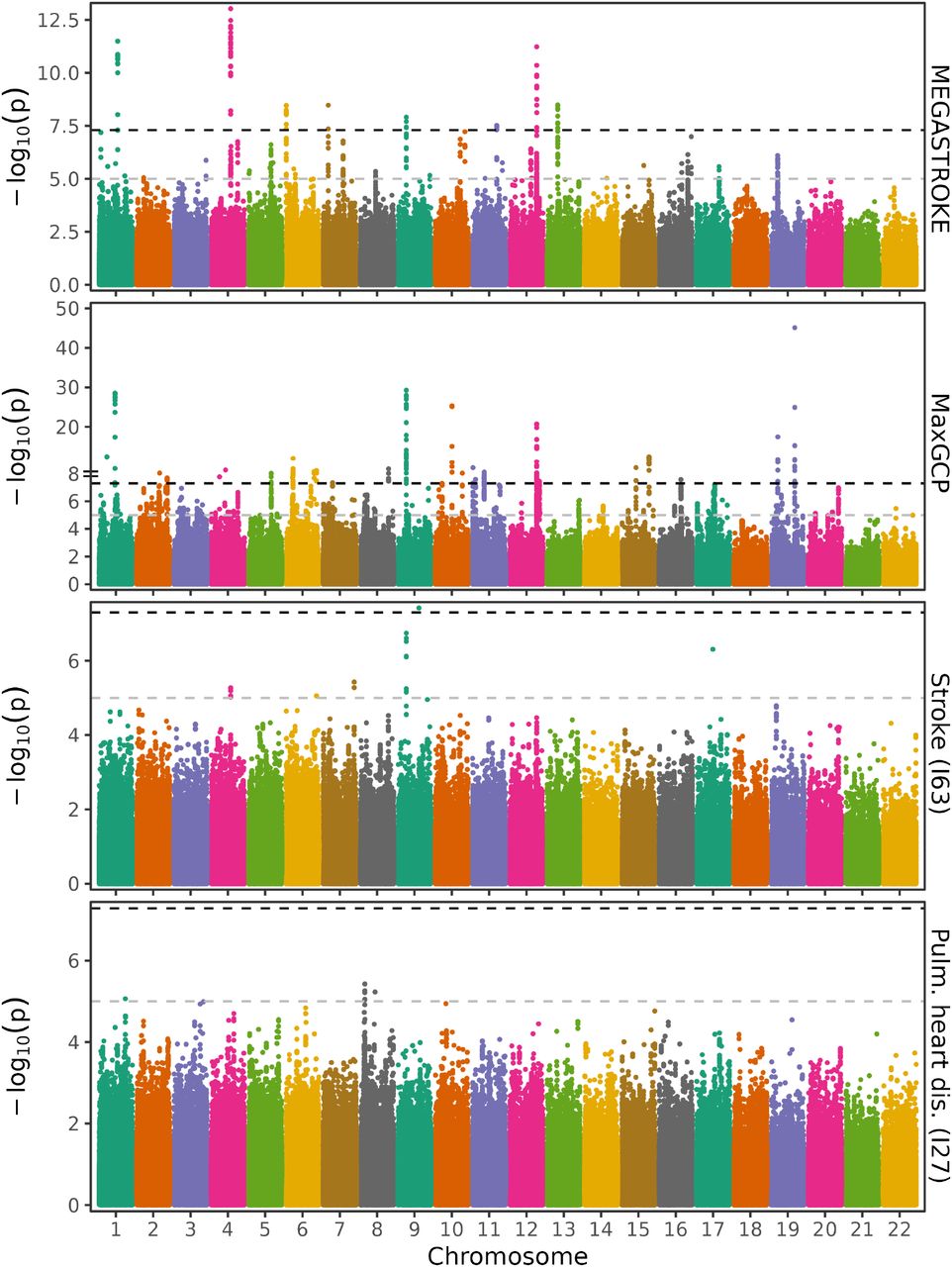 Comparison of GWAS results for stroke.Shown are GWAS summary statistics for the target, MaxGCP phenotype, naive phenotype, and top feature for the MEGASTROKE “Any stroke” phenotype. MEGASTROKE shows the MEGASTROKE “Any stroke” GWAS summary statistics. MaxGCP shows the corresponding MaxGCP phenotype. Stroke shows the the naive equivalent phenotype, defined as a single occurrence of any ICD-10 code starting with I63. The final facet shows GWAS summary statistics for pulmonary heart disease, the top feature in MaxGCP besides stroke itself.
