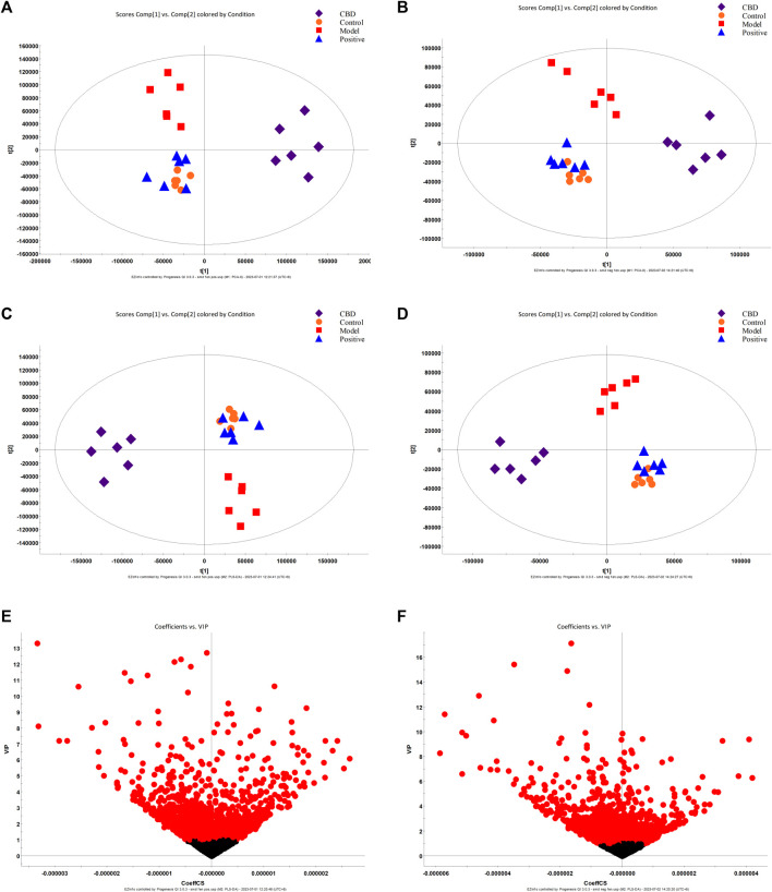 PCA score plot (A, B), PLS-DA score plot (C, D), and S-plot score chart (E, F) of the control group, model group, Positive group, and CBD group in positive and negative ion mode.