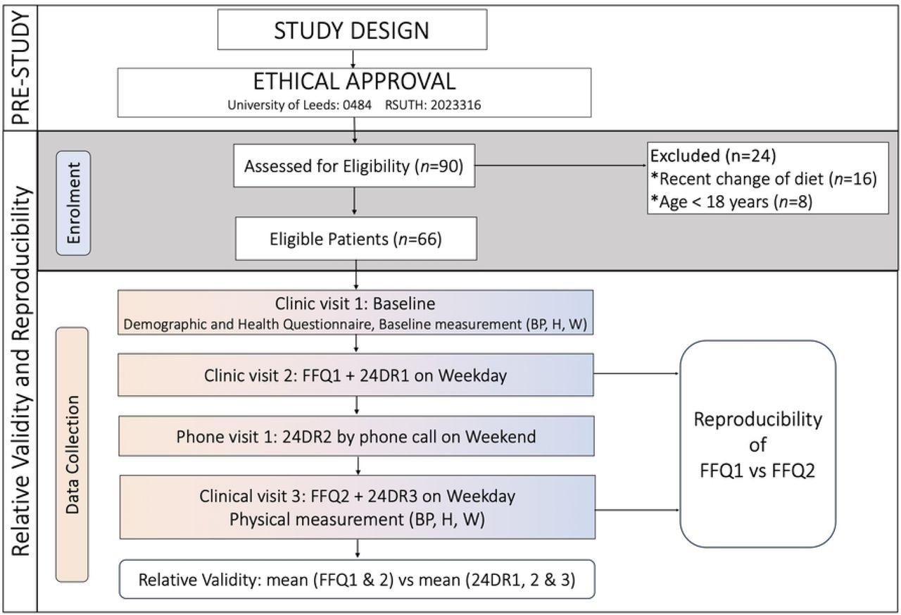 Study design, patient recruitment, enrolment, and data collection flowchart.FFQ1: first food frequency questionnaire, FFQ2: second food frequency questionnaire, 24DR1: first 24-hour dietary recall, 24DR2: second 24-hour dietary recall, 24DR3: third 24-hour dietary recall, BP: Blood pressure, H: Height, W: Weight.