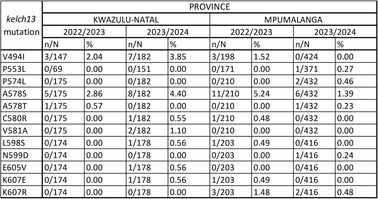 Prevalence of all kelch13 mutation detection in KwaZulu-Natal and Mpumalanga provinces, South Africa, during the 2022/2023 and 2023/2024 malaria seasons