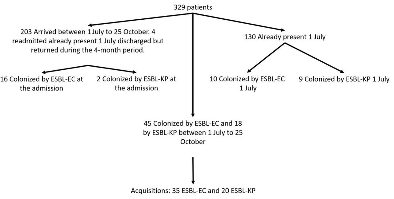 Summary of the numbers of colonization, admission, acquisition over the 4-months period.