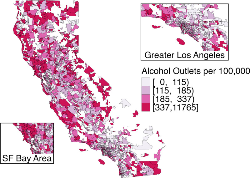 Alcohol outlet density by ZIP code census tabulation areas California, 2019.