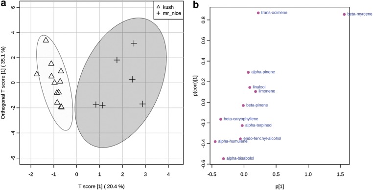OPLS-DA of bisabolol group with Kush and Mr. Nice as classes (a). S plot of Kush and Mr. Nice classes (b).