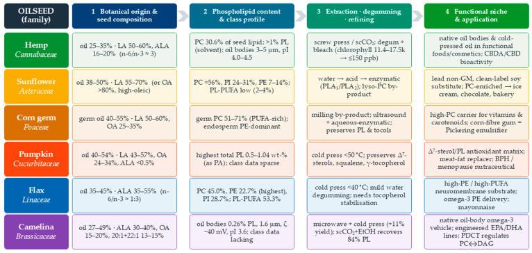 The comparative picture of six oils reviewed. Each oilseed (row) is traced left to right across the four thematic axes—seed composition, phospholipid content and class profile, processing route, and functional niche.