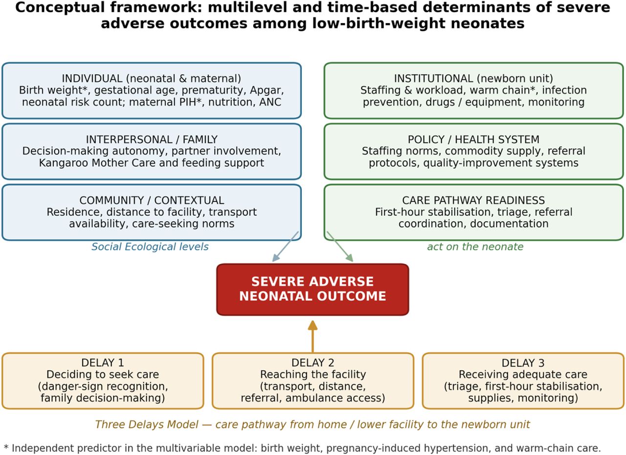 Conceptual framework integrating the Social Ecological Model and the Three Delays Model. Individual, interpersonal, community, institutional and policy-level determinants interact with delays in deciding to seek care, reaching the facility and receiving adequate care to shape severe adverse neonatal outcomes. Asterisks denote factors that were independent predictors in the multivariable model (birth weight, pregnancy-induced hypertension and warm-chain care).