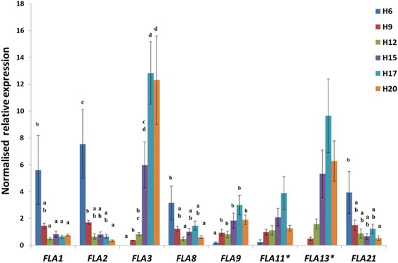 Expression analysis of 8 CsaFLAs in the hypocotyls of C. sativa. Error bars indicate the standard error of the mean (n = 3). Different letters indicate statistically significant values at the one-way ANOVA test (p < 0.05) with a Tukey post-hoc test. * indicates a non-normal distribution (Kolmogorov-Smirnov test). H6-H9-H12-H15-H17-H20 indicate hypocotyls aged 6–9–12--15–17–20 days