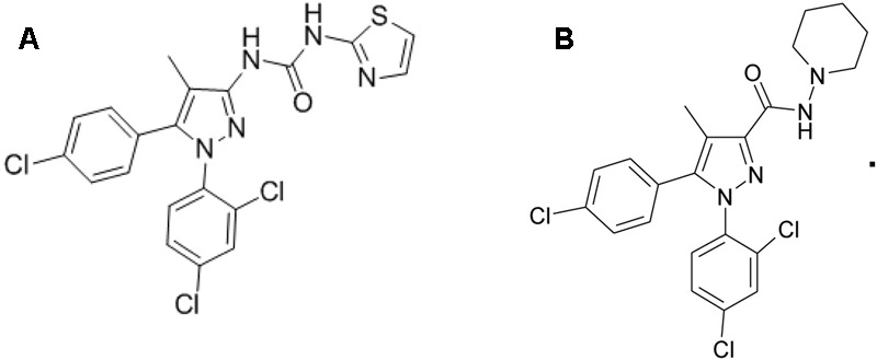 Chemical structures of (A) TXX-522 and (B) SR141716A.