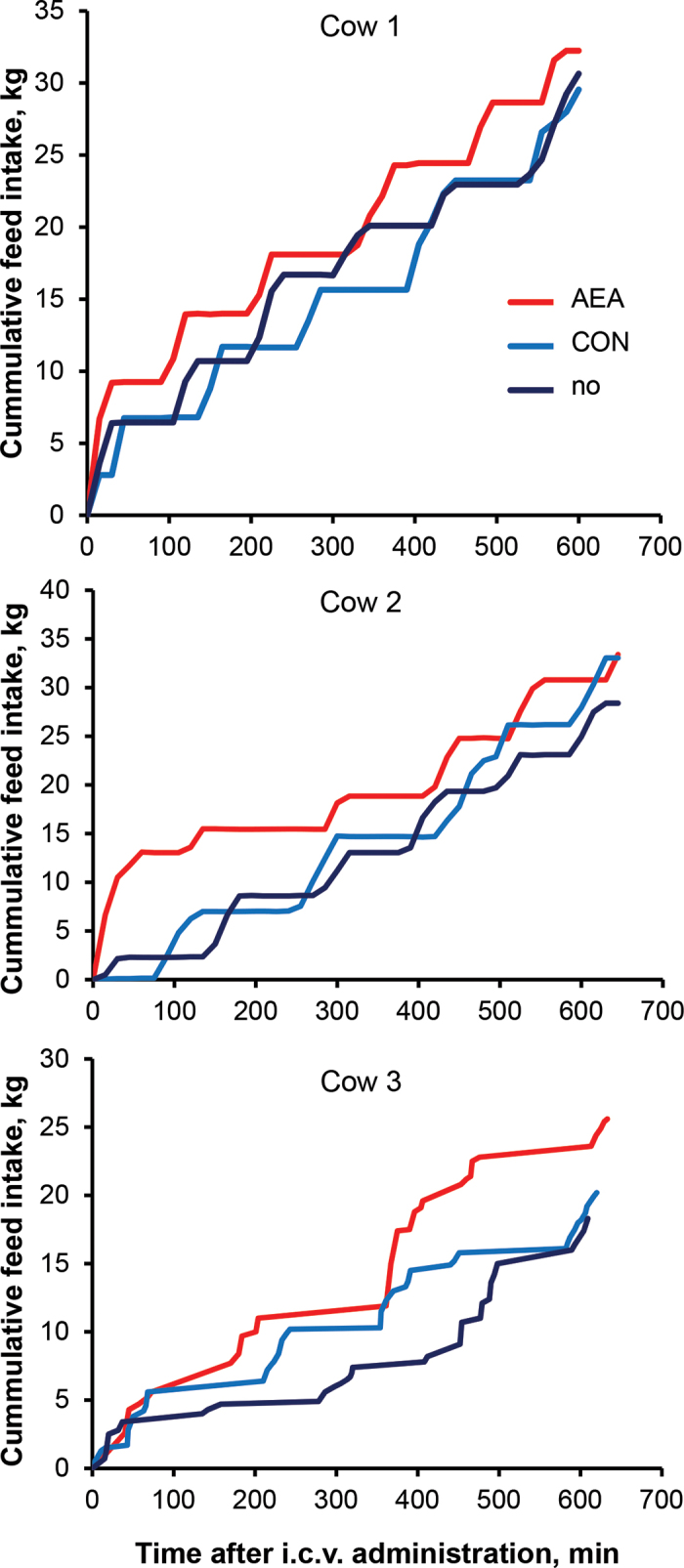 Cumulative feed intake measured every 15 min over a period of 10 h in 3 cows receiving no treatment or intracerebroventricular (i.c.v.) administration of dimethyl sulfoxide (sham injection; CON) or 12 µg of N-arachidonylethanolamide (AEA). Statistical analysis of the data from all 3 cows revealed an effect over time (P < 0.001), treatment (P < 0.05), and the interaction (P < 0.01).