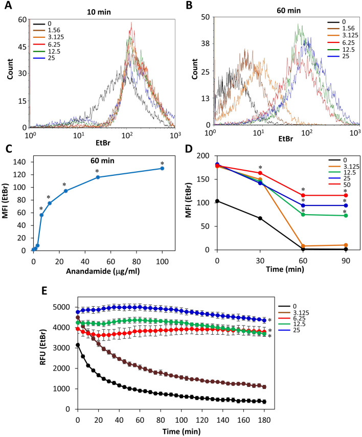 AEA prevents the efflux of ethidium bromide (EtBr) from MDRSA CI-M. (A,B) Flow cytometry of EtBr retained in MDRSA CI-M 10 min (A) and 60 min (B) after treating the bacteria with different concentrations of AEA. (C) The summary of the geometric mean fluorescence intensity (MFI) of samples shown in (B). (D) The MFI of the various treatments in a time course study using flow cytometry. (E) A time course study measuring the fluorescence intensity (RFU) of EtBr using the Tecan plate reader. *p < 0.05.