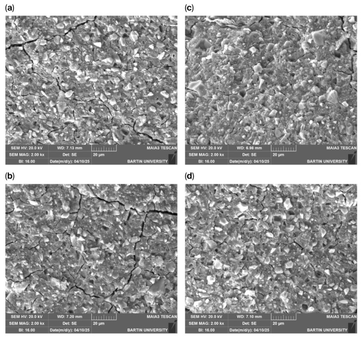 (a) Fracture surface SEM image (Ketac™ Molar Easymix, Control group); (b) fracture surface SEM image (Ketac™ Molar Easymix, %1 NP); (c) fracture surface SEM image (Ketac™ Molar Easymix, %3 NP); (d) fracture surface SEM image (Ketac™ Molar Easymix, %5 NP).