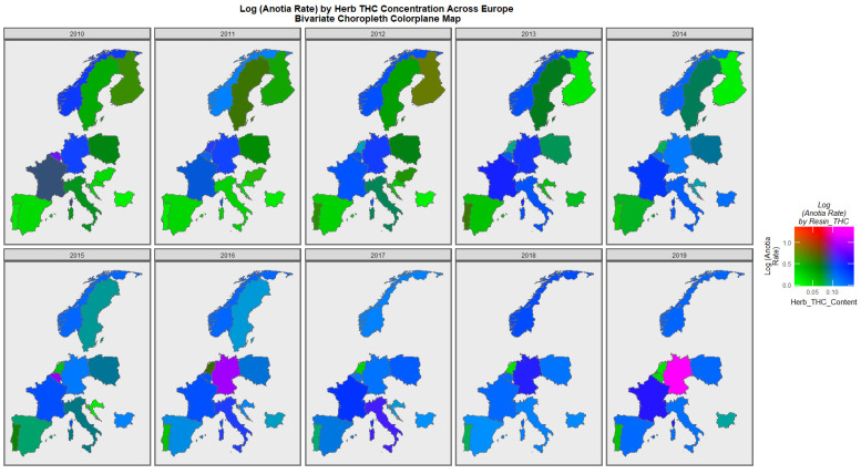 Bivariate Map of Log Anotia by Cannabis Herb THC Concentration. Caption: Colorplaner bivariate sequential map-graphs of the log (anotia/microtia rates) by cannabis herb THC concentrations across the surveyed European nations over time 2010–2019.