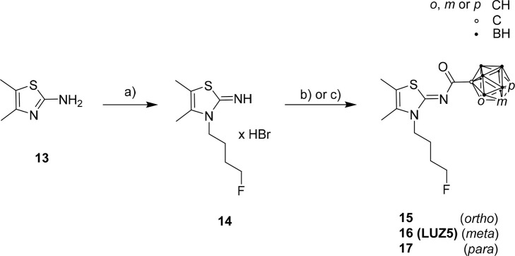 Synthesis of Target Compounds 15, 16 (LUZ5), and 17Reagents and conditions: (a) 1-bromo-4-fluorobutane, 80–90 °C, 21 h, 25%; (b) for o-C2B10H11-COCl (8o), triethylamine (NEt3), DCM, 48 h, rt, 24% (compound 15); (c) for o-, m-, and p-C2B10H11-COCl (8o,m,p), NEt3, CH3CN, 20 h, 80 °C, 31% (compound 15), 45% [compound 16 (LUZ5)], 36% (compound 17).