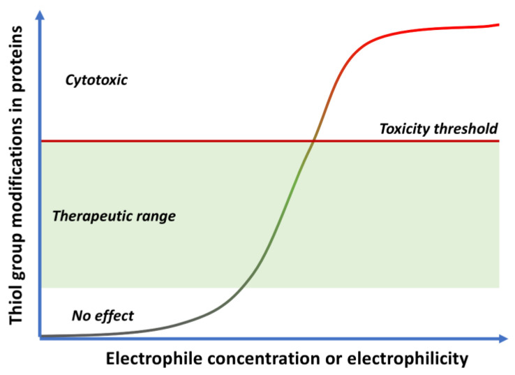 Cytoxic vs. cytoprotective responses to quinones, depending on their concentration and electrophilicity.