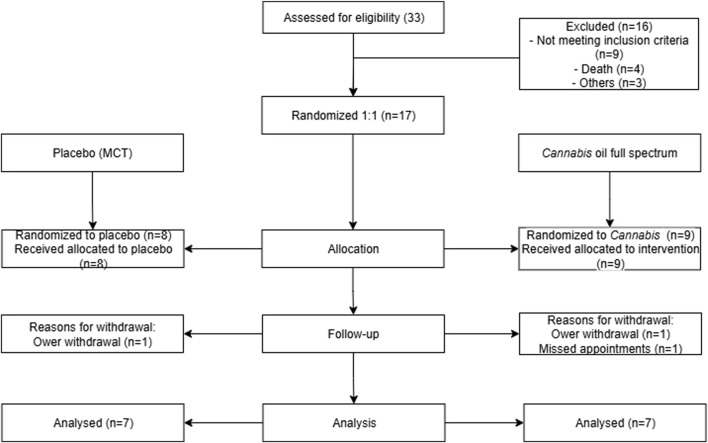 Flowchart of a clinical trial process with 33 participants assessed for eligibility. Sixteen were excluded. Seventeen participants were randomized into two groups: eight received a placebo, and nine received cannabis oil. Follow-up led to one placebo and two cannabis recipients withdrawing. Each group had seven participants analyzed.