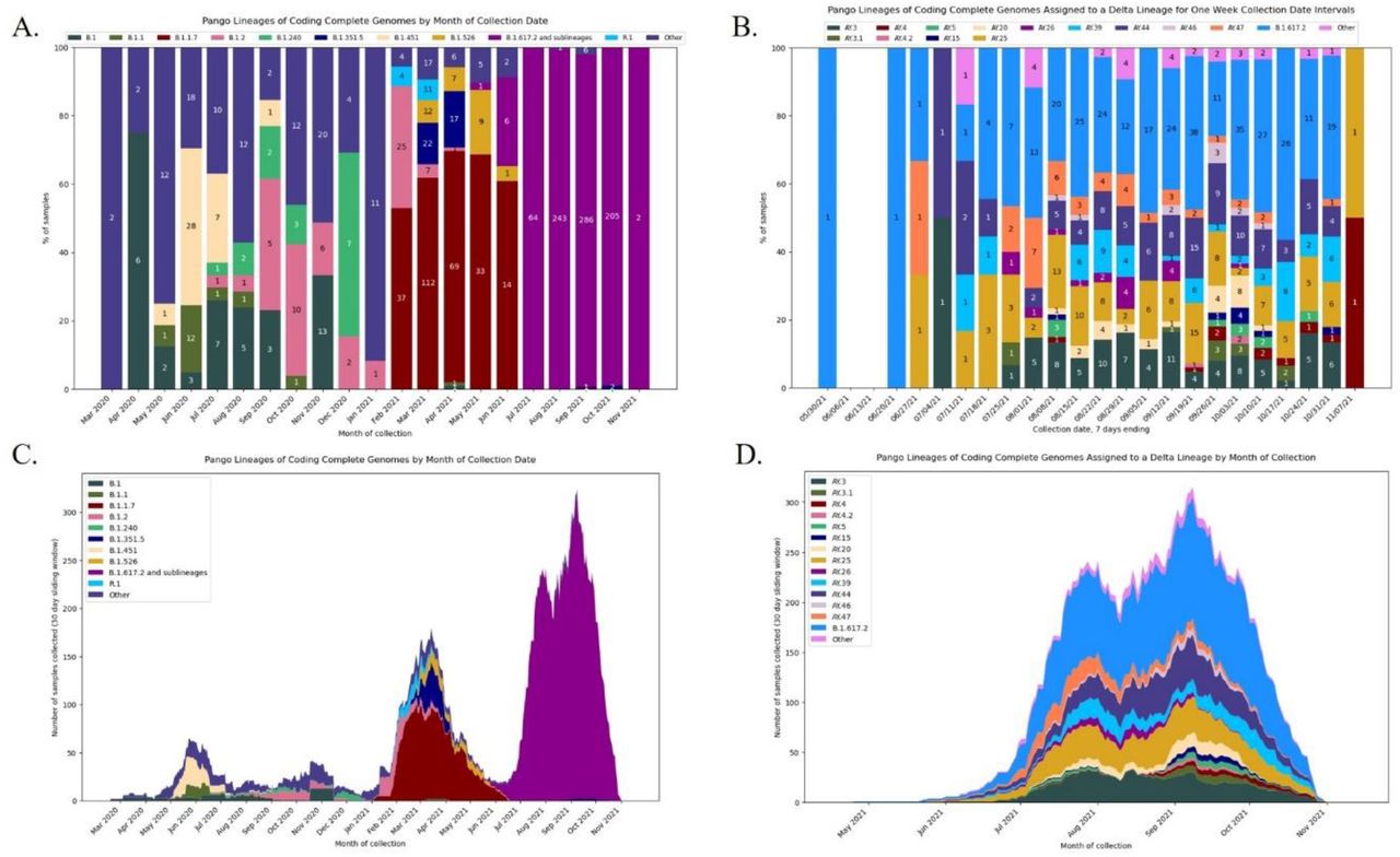 Pango lineages of circulating SARS-CoV-2 strains in the U.S. military before and after implementation of the EUA vaccines.A) Distribution of Pango lineages by month for all samples; B) distribution of Delta variant sublineages by month; C) stacked chart displaying all lineages per month; D) stacked chart displaying Delta variant sublineages by month.