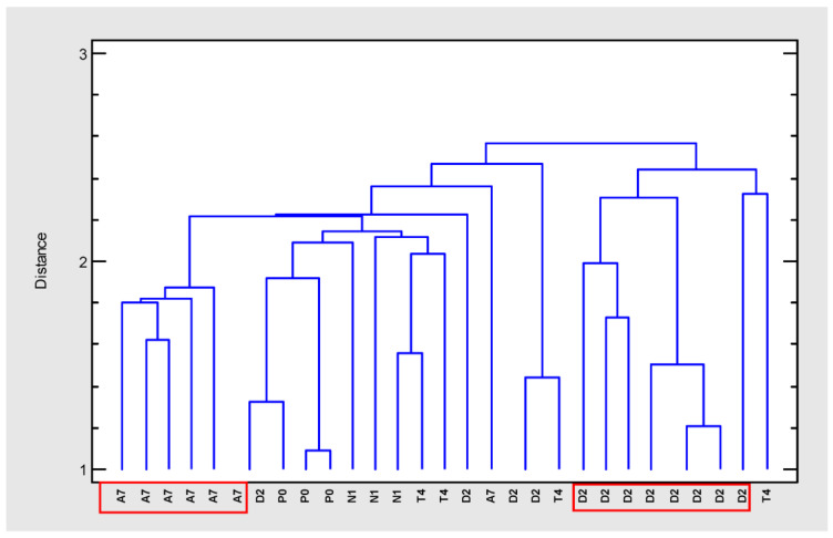 Dendrogram (farthest neighbor method, housing block) generated from cluster analysis of GC–MS data of extracts from five Cannabis sativa varieties (A7, D2, N1, P0, T4).