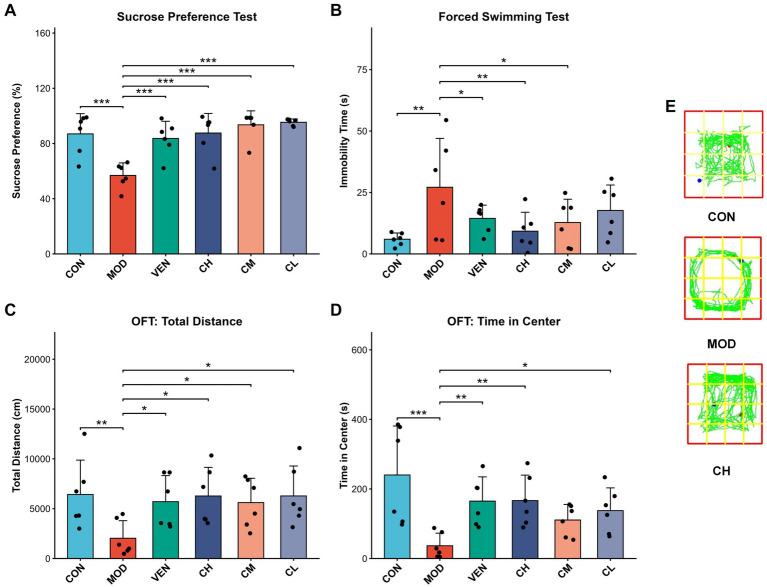 Figure showing statistical results from behavioral tests on six groups of subjects labeled CON, MOD, VEN, CH, CM, and CL. Panel A presents a bar graph of sucrose preference percentages; CON group has the highest mean, MOD the lowest, and other groups are intermediate. Panel B shows a bar graph of immobility time in seconds from the Forced Swimming Test, with MOD group highest and others lower; error bars and statistical significance stars are included. Panel C displays total distance traveled in centimeters, with CON and VEN highest, MOD lowest. Panel D presents time spent in center, with CON highest, MOD lowest. Panel E shows movement traces in open field tests for three groups: CON, MOD, and CH, each visualized on a grid, illustrating different movement patterns.