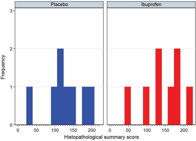 Comparison of the summary histopathological scores between placebo and ibuprofen treated calves.This summary score includes selected histological features and amount of lung consolidation. This minimum possible score is 0, the maximum possible is 632. Ibuprofen treated group is in red, placebo in blue.