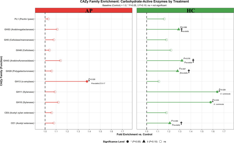 Snake plot showing carbohydrate-active enzyme (CAZy) family enrichment under AP and HC treatments versus Control baseline (1.0 ×). Separated panels display treatment-specific responses. Significant enrichments (P < 0.05): HC upregulated xylanases GH10 (1.58 ×, Xylanibacter ruminicola) and GH11 (1.64 ×); AP enriched α-amylase GH13 (1.38 ×, Prevotella sp. E13-17). Apple Pomace (AP) red color, Hempseed Cake (HC) green color. The y-axis shows fold change vs. Control. Microbial labels in parentheses are reported at the lowest resolved rank available (genus-level “sp.” where species is unresolved; species-level names where identified). Treatment colors are consistent across all figures (Control, AP, HC) to ensure visual comparability