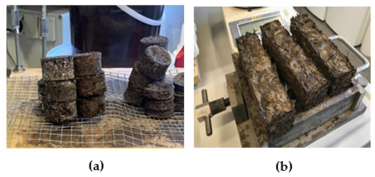 Developed material samples: (a) Samples for sound absorption and microbiological resistance tests; (b) Samples for mechanical strength tests.
