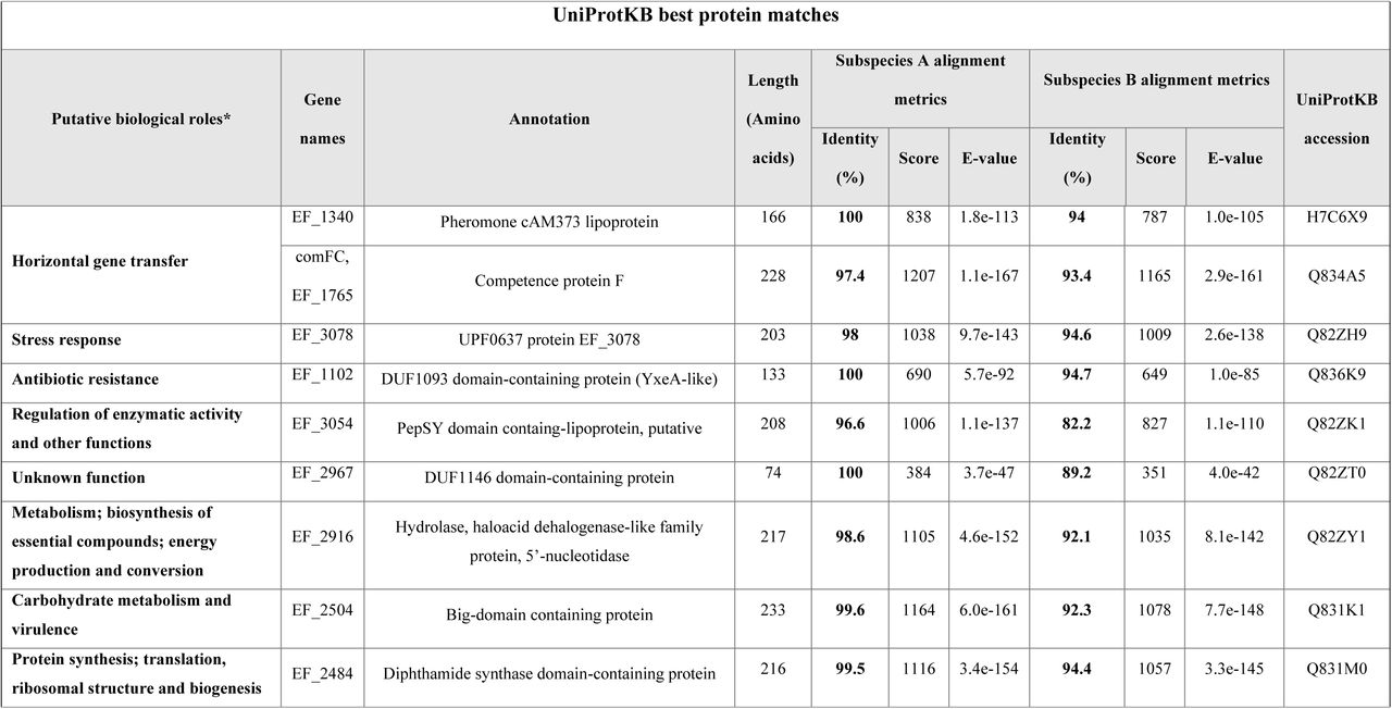 List of Enterococcus faecalis subspecies-specific core allelic variants and their putative biological roles based on similarity searches.