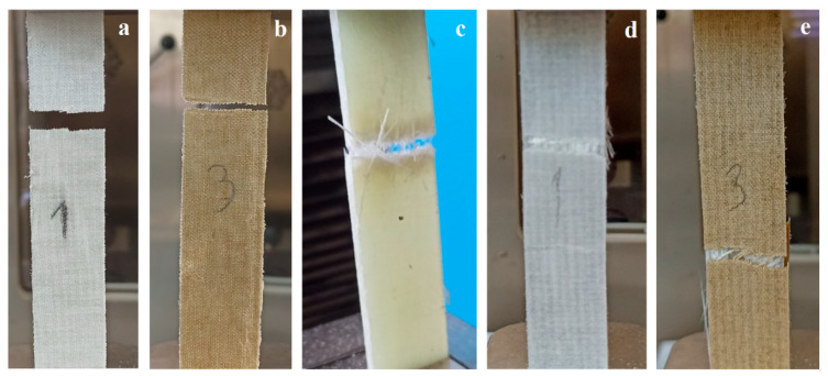 Typical fracture surfaces of the composites after the tensile test. (a) 6F; (b) 6H; (c) 6G; (d) F4G2; (e) H4G2.