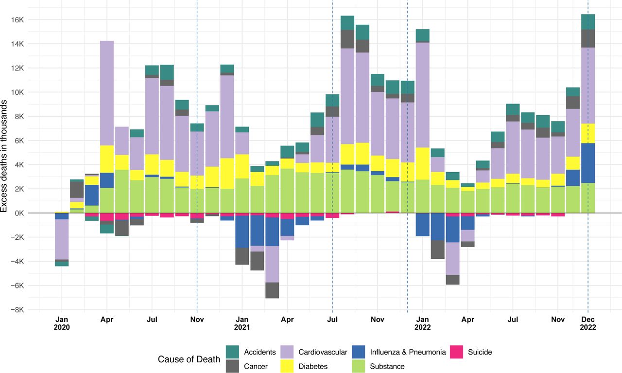 Absolute excess mortality by cause of death (without residual/COVID), US, Jan 2020 to Dec 2022