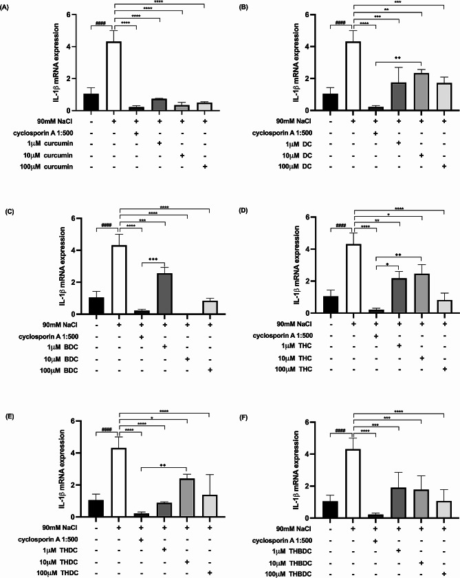 Effect of curcuminoids and curcuminoid analogs on IL-1β mRNA expressions in hyperosmotic-induced human corneal limbal epithelial cells. After 90mM NaCl exposure for 6 h, IL-1β mRNA expression levels were inhibited by (A) curcumin, (B) demethoxycurcumin (DC), (C) bisdemethoxycurcumin (BDC), (D) tetrahydrocurcumin (THC), (E) tetrahydrodemethoxycurcumin (THDC), and (F)tetrahydrobisdemethoxycurcumin (THBDC). mRNA expression levels were assessed using quantitative RT-PCR. ####P < 0.0001 compared to control. *P < 0.05, **P < 0.01, ***P < 0.001, ****P < 0.0001 compared to NaCl alone. ♦P < 0.05, ♦♦P < 0.01 compared to NaCl + cyclosporin A