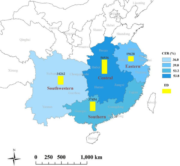 Cumulative excess risks (CER, %) and excess deaths (ED) of the 2008 cold spell on non-accidental mortality during lag 0–27 days in four geographical regions of subtropical China.Note: All results were adjusted for secular trend, wind speed, day of week and relative humidity.