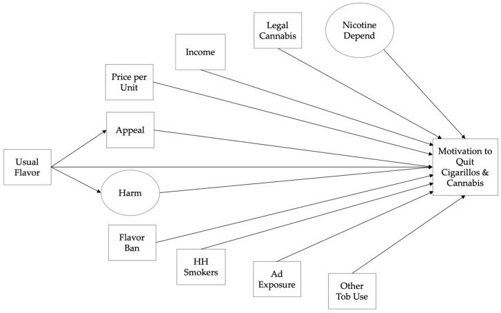 Conceptual Model Diagram (Originally Hypothesized Model): HH = household, Ad = advertising, Tob = tobacco, Depend = dependence.