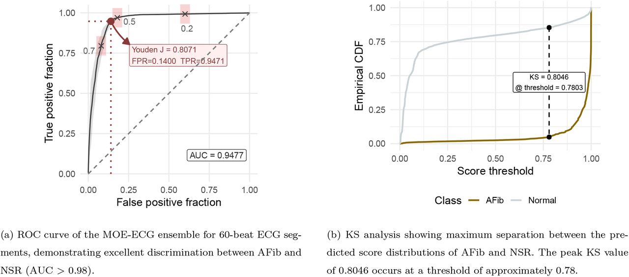 Performance evaluation of the MOE-ECG ensemble on 60-beat ECG segments. (a) ROC curve quantifying overall discrimination performance. (b) KS statistic identifying the optimal threshold that maximizes separation between AFib and NSR probability distributions. Both plots use harmonized axis scaling and grid style for visual consistency.