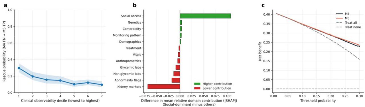 Clinical observability, social dominance, and decision utility at the 1-year landmark.(a) Rescue probability by M5 as a function of clinical observability decile among individuals missed by M4. Observability was quantified as the number of general clinical monitoring domains with at least one recorded measurement prior to the landmark, excluding kidney-specific domains. Rescue probability declined monotonically from 29.7% (95% CI 24.5–35.4%) in the lowest decile to 9.6% (95% CI 6.7–13.7%) in the highest, indicating that SDOH features preferentially recovered individuals with sparse clinical records.(b) Difference in mean fractional absolute SHAP contribution across feature domains comparing social-dominant individuals (top 20% by relative social access contribution in M5) with all others. Positive values indicate domains contributing more strongly among social-dominant individuals. Social access showed the largest relative enrichment, while kidney markers and abnormality flags contributed less, indicating that contextual features compensate when the physiologic monitoring signal is limited.(c) Decision curve analysis comparing M4 and M5 among individuals missed by M4, demonstrating higher net benefit for M5 across clinically relevant threshold probabilities.DKD, diabetic kidney disease; FN, false negative; SDOH, social determinants of health; SHAP, SHapley Additive exPlanations; TP, true positive.