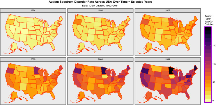 Map sequence of autism rates across USA selected years 1992–2011. Data from IDEA Dataset in reference 4