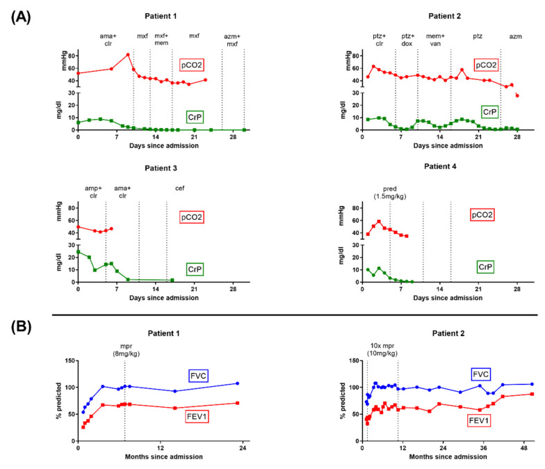 Clinical courses and spirometry results. (A) Results of pCO2 from blood gas analysis and C-reactive protein (CRP) from laboratory studies during hospitalization. Antibiotic treatment intervals are indicated. Additionally, the patients received systemic prednisolone for reduction in airway inflammation. All patients showed a normalization of pCO2 and CRP levels prior to discharge. (B) Spirometry results during follow-up and methylprednisolone burst treatments for Patients 1 and 2 (dosage indicated, each as daily dosage for 3 days). Initial spirometry showed peripheral obstruction, overinflation, increased airway resistance, and pseudorestriction in both patients. No spirometry follow-up was available for Patient 3 or 4. amp = ampicillin, ama = ampicillin/sulbactam, azm = azithromacin, cef = cefpodoxime, clr = clarithromycin, dox = doxycycline, CT = computed tomography, mem = meropenem, mpr = methylprednisolone burst, mxf = moxifloxacin, ptz = piperacillin-tazobactam, pred = prednisolone, and van = vancomycin.