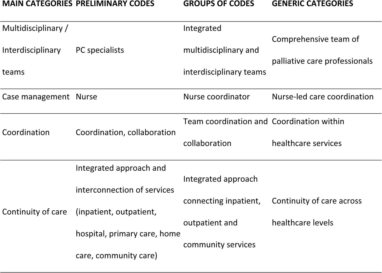 Analytical framework including main categories, preliminary codes and generic categories