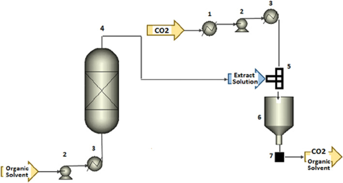 PLE process using organic solvent as extracting solvent coupled with supercritical antisolvent (SAS) precipitation process (1) heat exchanger for cooling, (2) pump, (3) heat exchanger for heating, (4) extractor, (5) T-mixer, (6) precipitation vessels, and (7) filter (Santos and Meireles 2015)